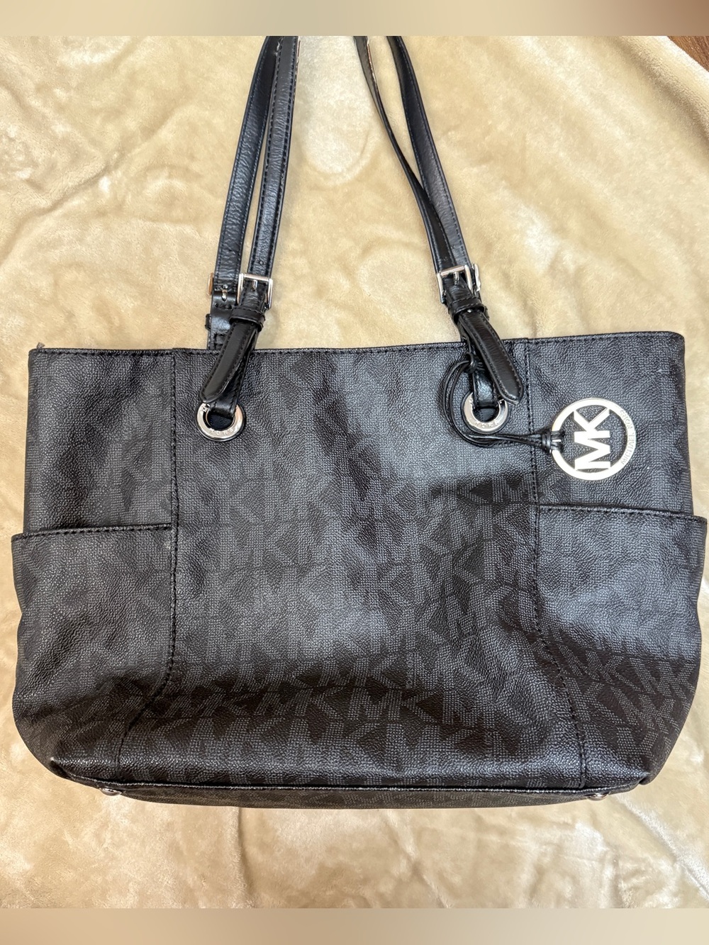 Michael Kors Black Signature MK Tote with Silver Logo Charm